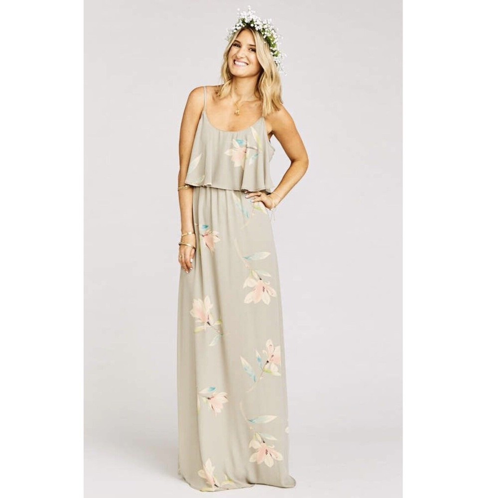 NWT Show Me Your MuMu Caitlin Ruffle Maxi Dress in Lily Showers Gray Sz. Small